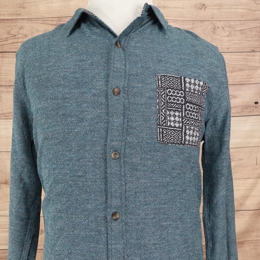 New! On The Byas Shirt Mens L Blue Geometric Long Sleeve Button-Up Pocket